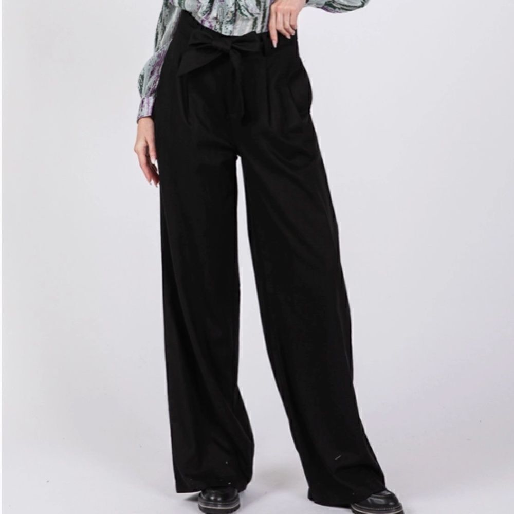 Wide Leg Black High Waisted Pleated Belted Pants Trendy Dressy Grunge Sage & Fig